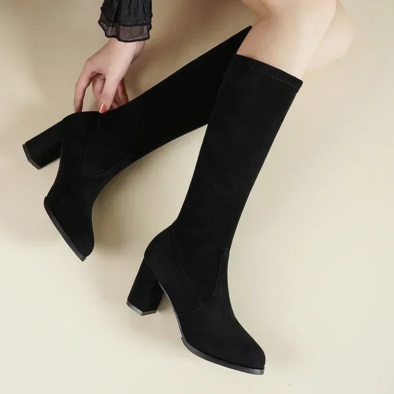 Fashion Winter Womens Knee Boots Artificial Fur Elastic Point Suede High Heels Casual Warmth 241213