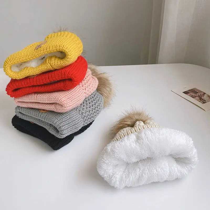 Plush Lining Baby Winter Hat Pompom Kids Beanie Scarf Fur Ball Bear Children Cap for Girls Boys Hats Thicken Infant AccessoriesXJ241213