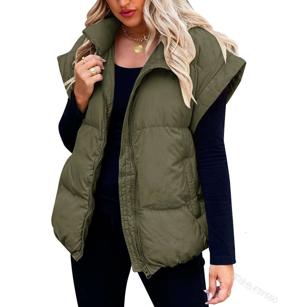 European And American Women's New Solid Color Zipper Pocket Stand Up Collar Cotton Coat Vest Commuting Jacket Fashionable Quality Classic