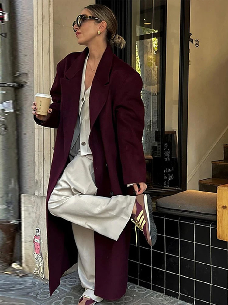 Fashion Double Breasted Long Coat Women Burgundy Red Loose Lapel Pocket Sleeve Coats Autumn Winter High Street Outwear 241213