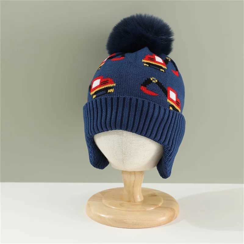 Kids Boys Girls Knitted Hat Jacquard Excavator Car Beanies Hat for Winter Ear Protection Warm Hat for ChildrenXJ241213