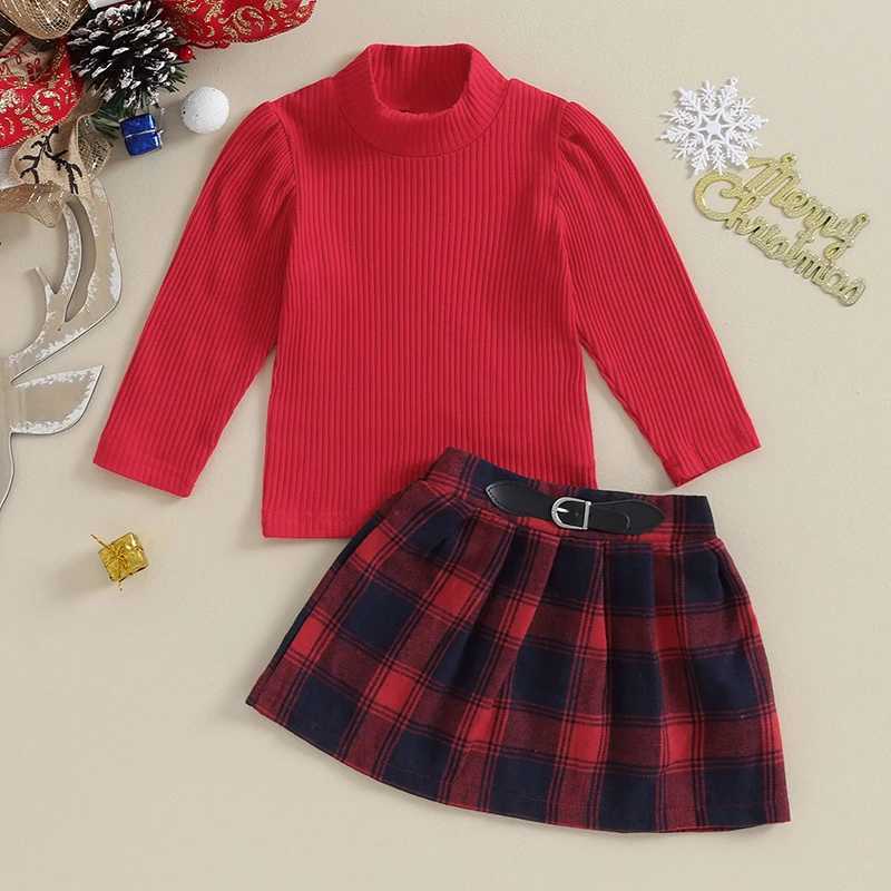 Girls clothing set cotton red long sleeved ribbed top+plain skiing 2-piece set childrens Christmas set baby clothing W241213