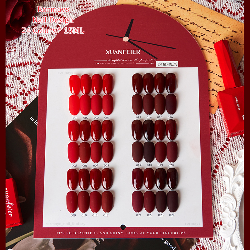 Rormays Wine Red Whitening gel Polishing 24PCS Ankara Red Clearcoat nail polish Lasting Shiny Red UV Nail Shop Primer Set 15ML Wholesale Factory