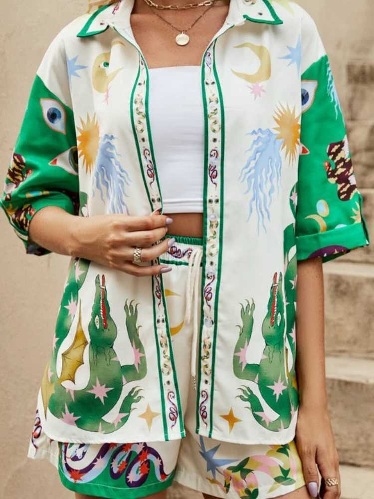 Women's Two Piece Pants 2024 Summer Fashion New Womens Elegant Printed Set Casual Single Breasted Collar Long Slved Shirt Short Two Piece Set Y24