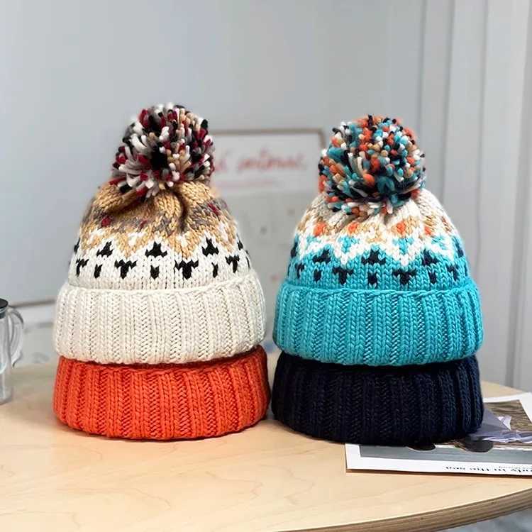 2024 Cute Print Embroidery Beanies Hats for Women Men Winter Wool Warm Fur Pompom Baggy Knit Hat Bonnet CapsXJ241213