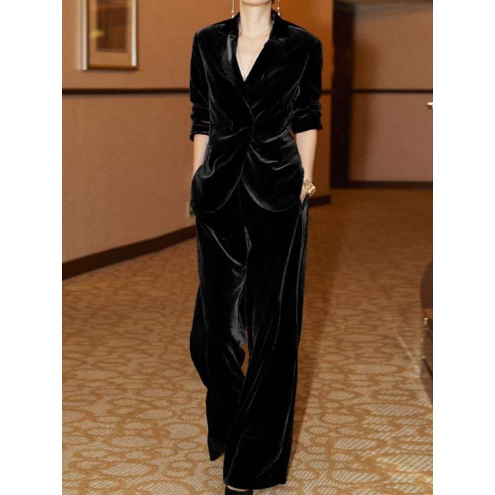 Ladies' Suit Autumn Fashion Elegant Casual Women Veet Pantsuits Vintage Slim Solid Jackets High Waist Pants 2 Pieces Set Female Outfits New