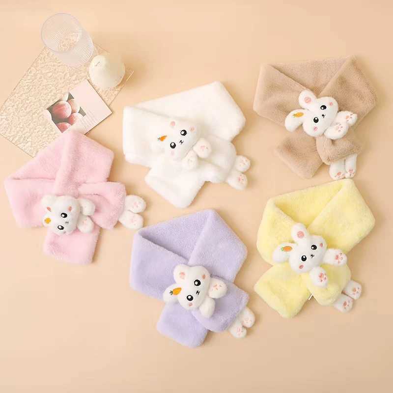 Scarves Wraps Cartoon Rabbit Baby Scarf Winter Warm Plush Neckerchief for Toddler Cute Solid Color Faux Fur Kids Boy Girl Neck Warmer H241213