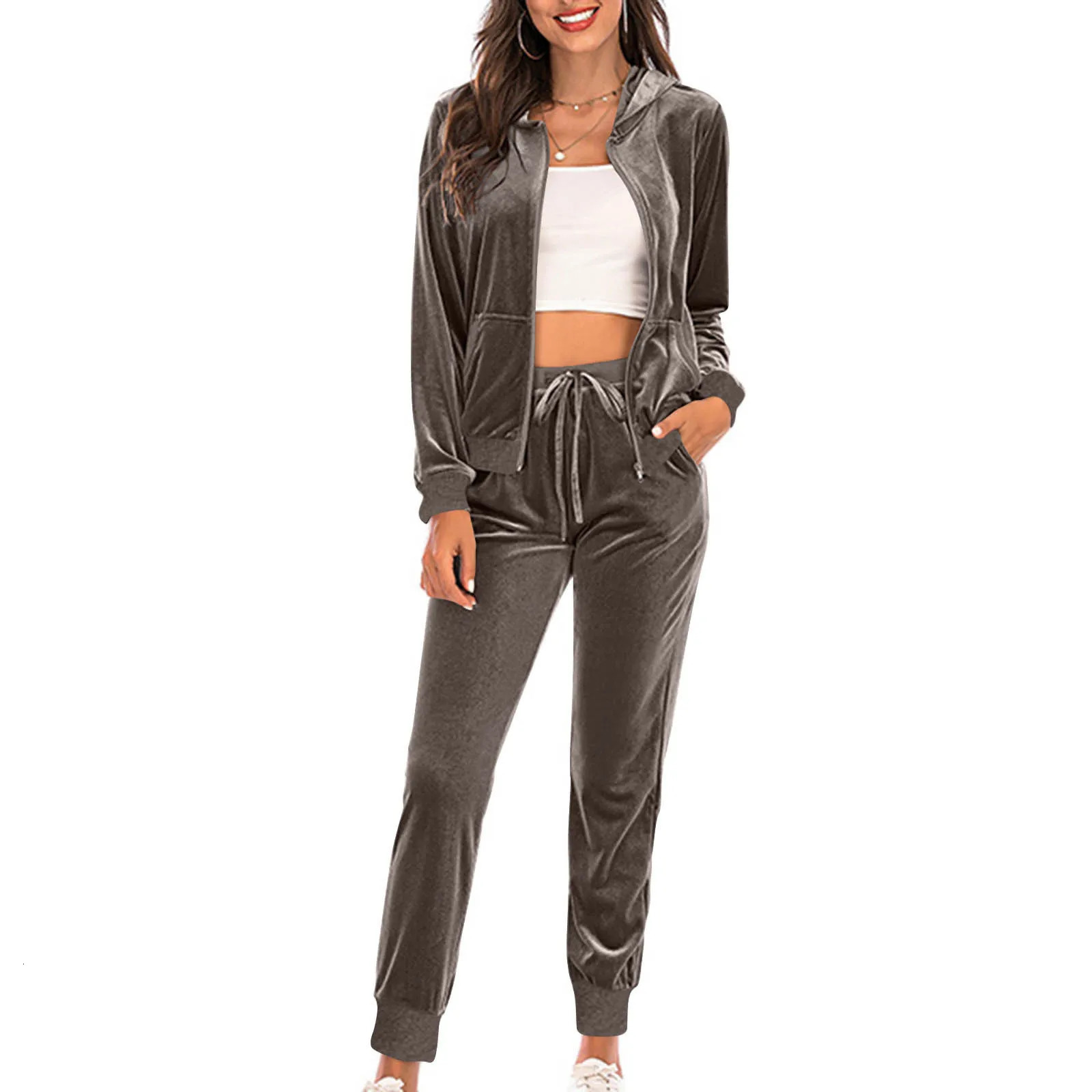 2024 Autumn Velvet Tracksuit Womens 2 Piece Sweatshirt Sweatpants Set Full Zip Hoodie Sweatsuit With Pockets Casual Sportswear 241203