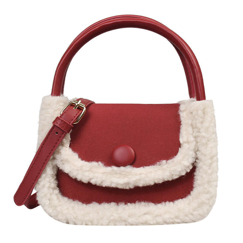 Autumn and Winter Lamb Hair Splice Xiaolongbao Women's New Year Red Handheld Small Square Versatile ins Saddle Bag