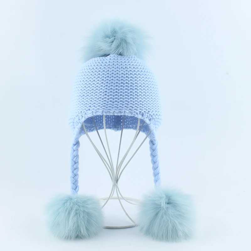 2019 New Autumn Winter Baby Beanie Real Fox Fur Pompom Hat Warm Wool Cap Kids Clothing Accessories Knitted Hat SkulliesXJ241213