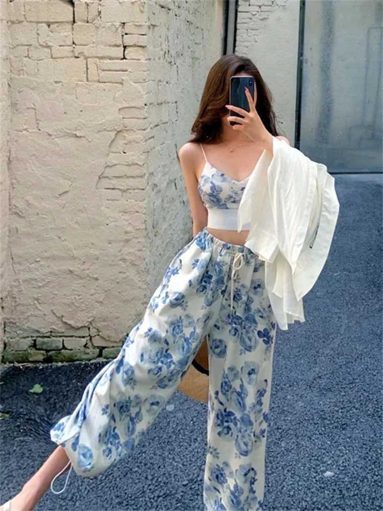 Women's Two Piece Pants Women Floral 2 Piece Pant Sets Slveless Camisole Tops + Elastic Waist Loose Long Pants Outfits Summer Casual Strtwear Y24