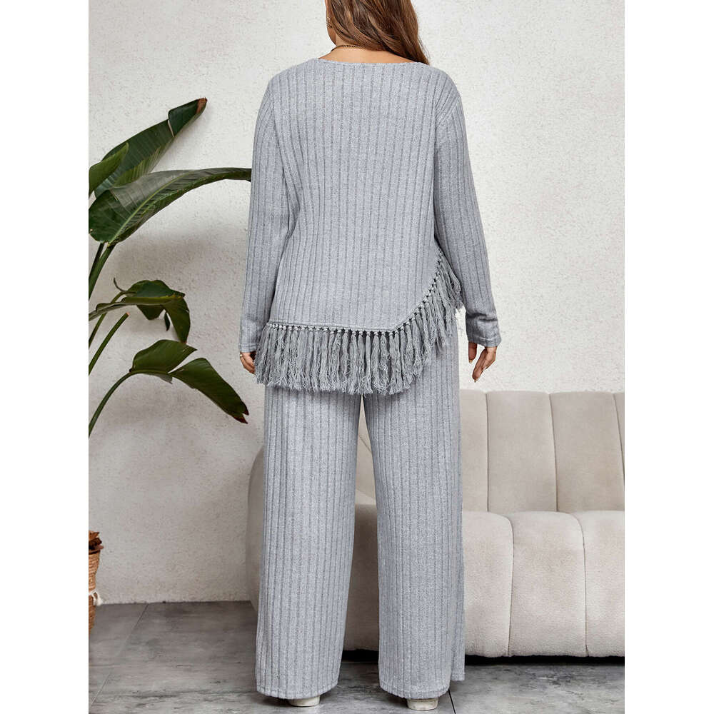 Ladies Suits Plus Size Women Two Piece Outfit Fall Casual O-Neck Long Sleeve Tassel Hem Tops With Wide Leg Pants Sets