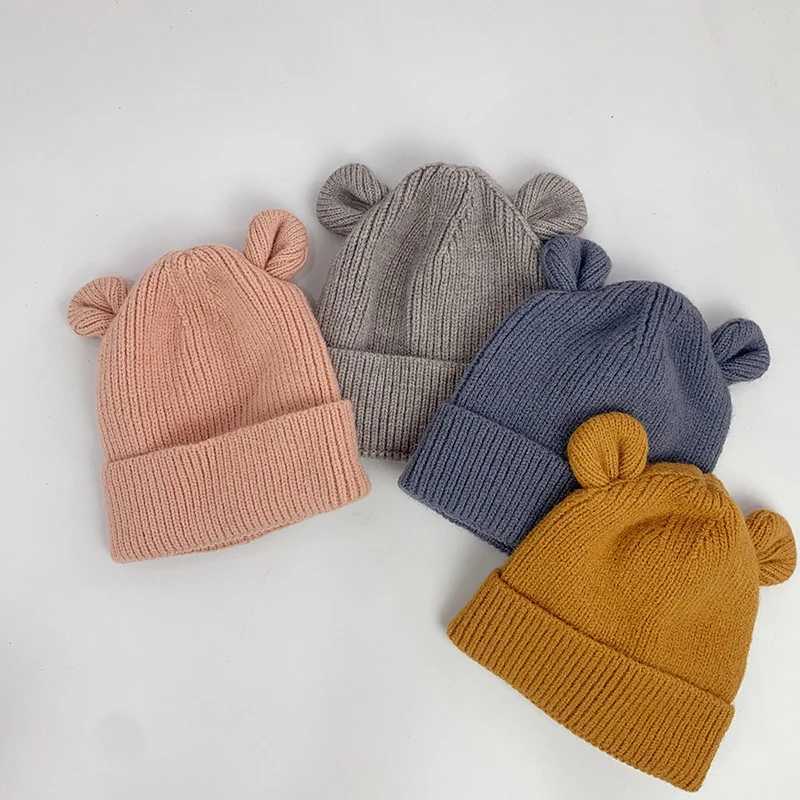Ear Baby Hat Winter Solid Color Warm Knitted Hats for Kids Boy Girl Cute Bear Infant Toddler Beanies Cap Bonnet XJ241213