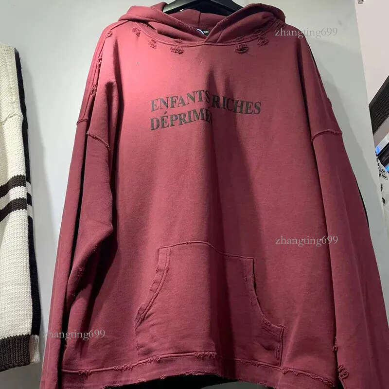 Men Women Wine Red Vintage Damaged Hole Hoodie Best Quality Oversized Classic Pullovers Hooded