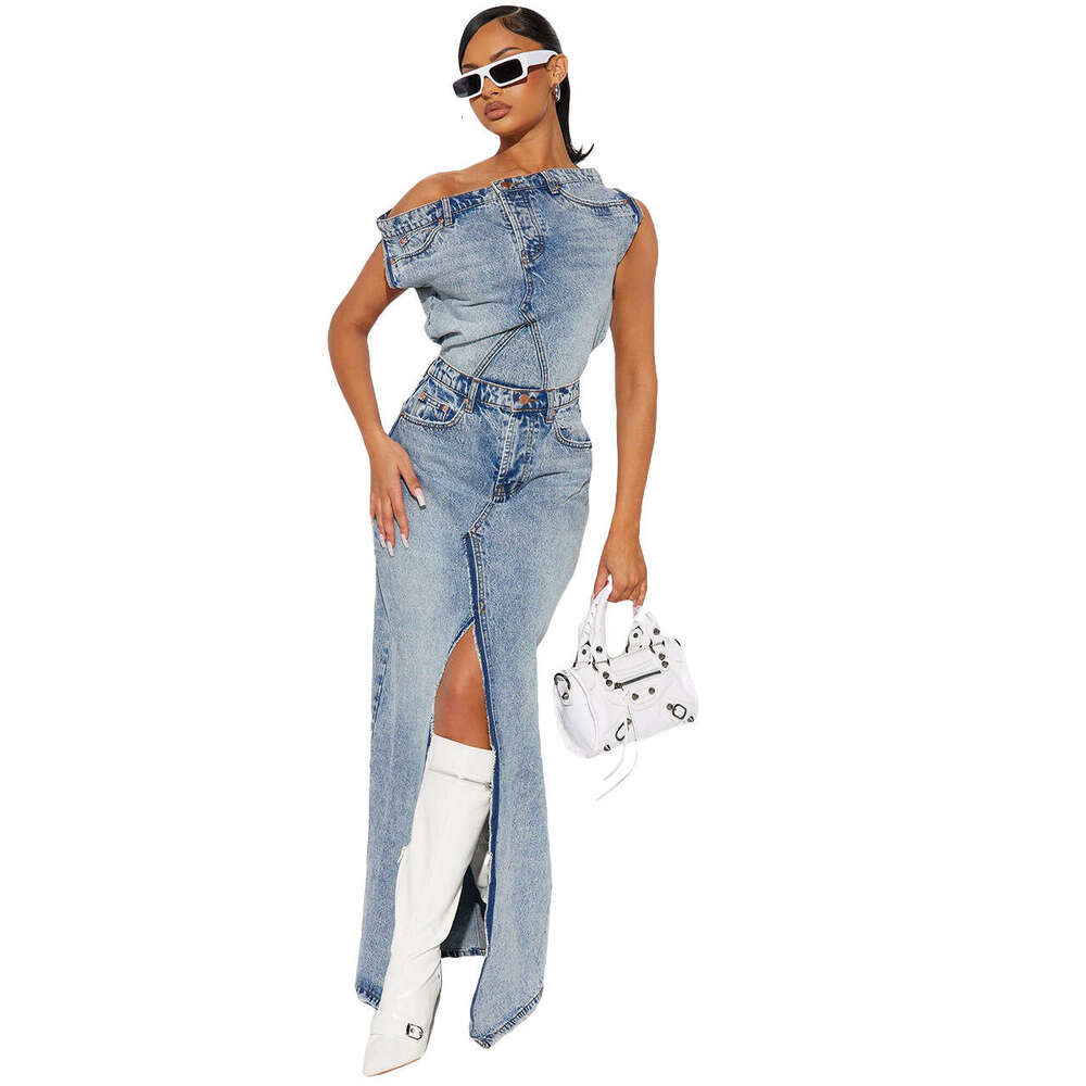 European American New Women's Casual Solid Color Autumn And Winter Retro Split Denim Skirt Two-Piece Set