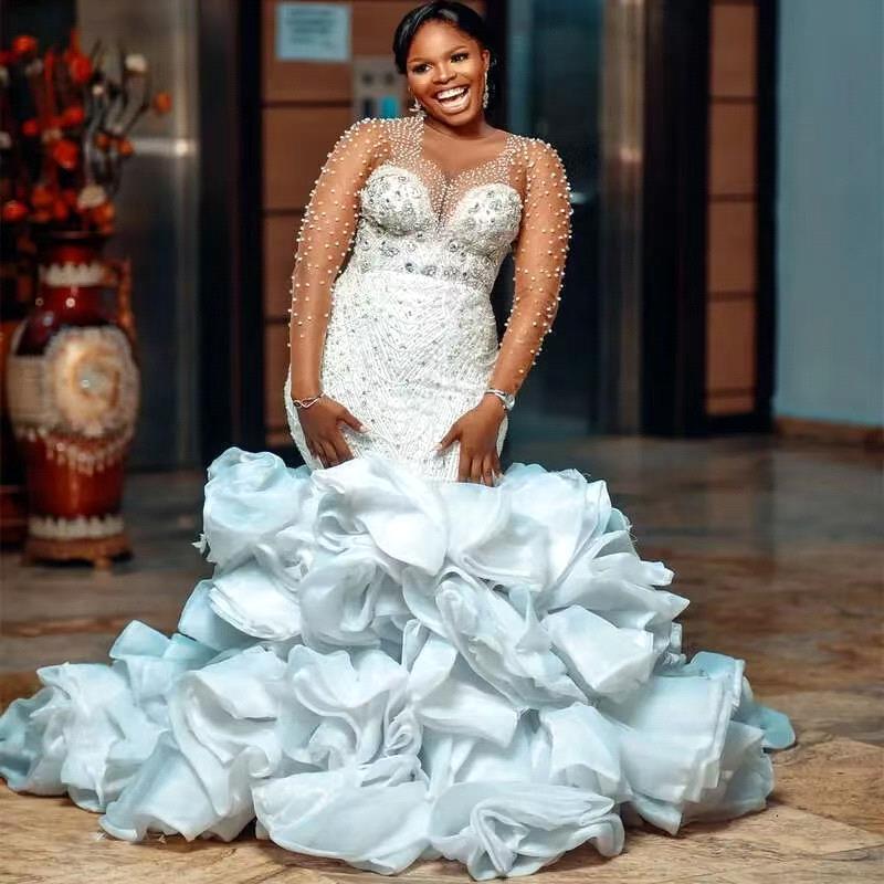 Shinny Full Beads Crystals Mermaid Arabic Aso Ebi Wedding Dress Long Sleeves Tiered Ruffles Bridal Gowns bc19872