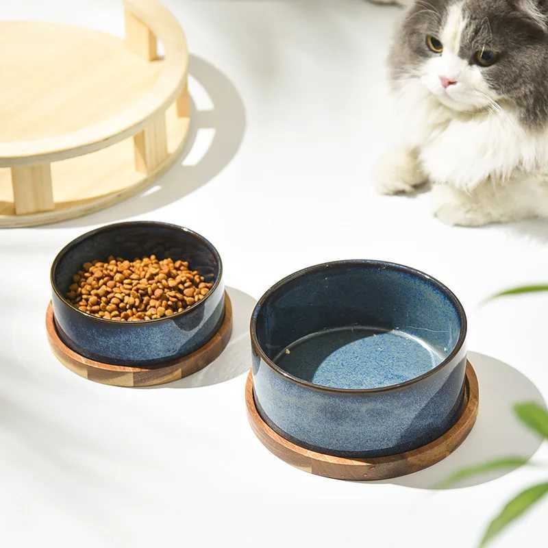 Cat Feeders Dog Bowl Ceramic Matte Pet Bowl Cervical Spine Protector Anti Knock Over Wooden Tray Pet Feeding Supplies Cat Accessories z241213