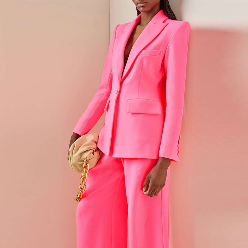 Ladies' Suit HIGH QUALITY New S/S Designer Runway Set Women Single Button Slim Fit Blazer Suit Flare Pants Two Pieces Set Hot Pink