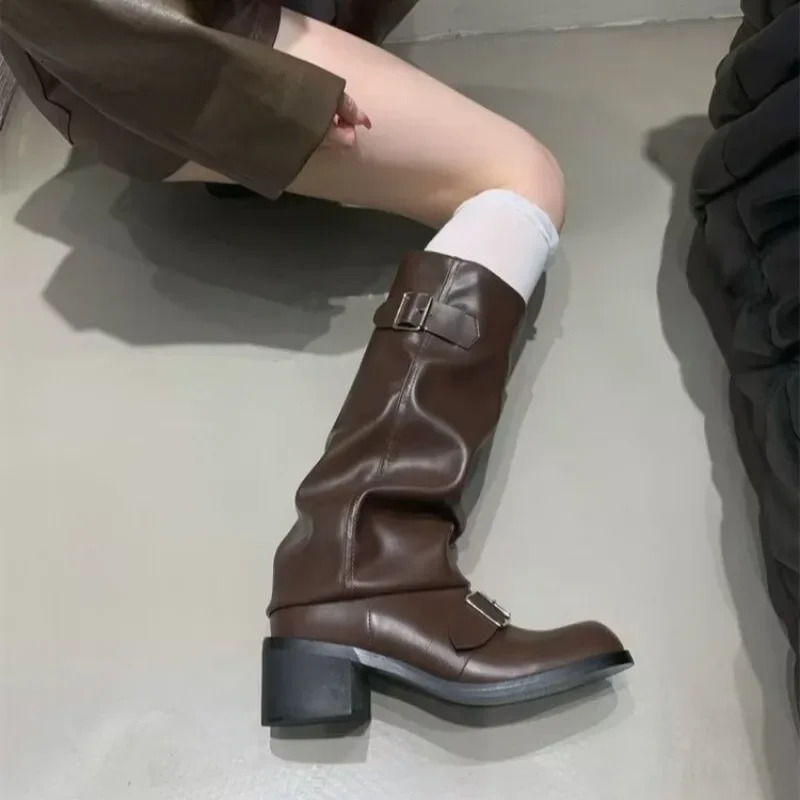Womens boots knee high platform thick high heels trend punk gothic rock leather fashion womens shoes motorcycle shoes Q221 241213