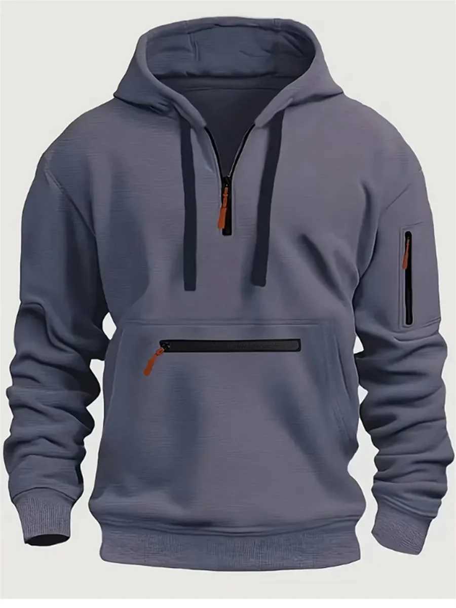 Autumn and Winter Mens Classic Outdoor Sports Leisure Solid Color Patchwork Multi-Pocket Drawstring long-sleeved hoodie W241213