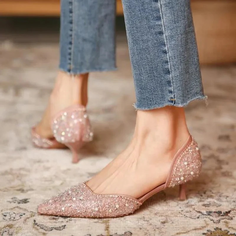 Womens Wedding Shoes Crystal Elegant Corner Toe Middle High Heels Sexy Womens Party Shoes Pump Womens Shoes 241213