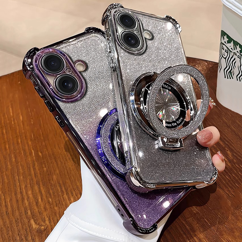 Luxury Four Corner Bling Glitter Clear Soft TPU Ring Stand Magnetic For Magsafe Wireless Charging Cases With Lens Film Protector For iPhone 16 15 14 1