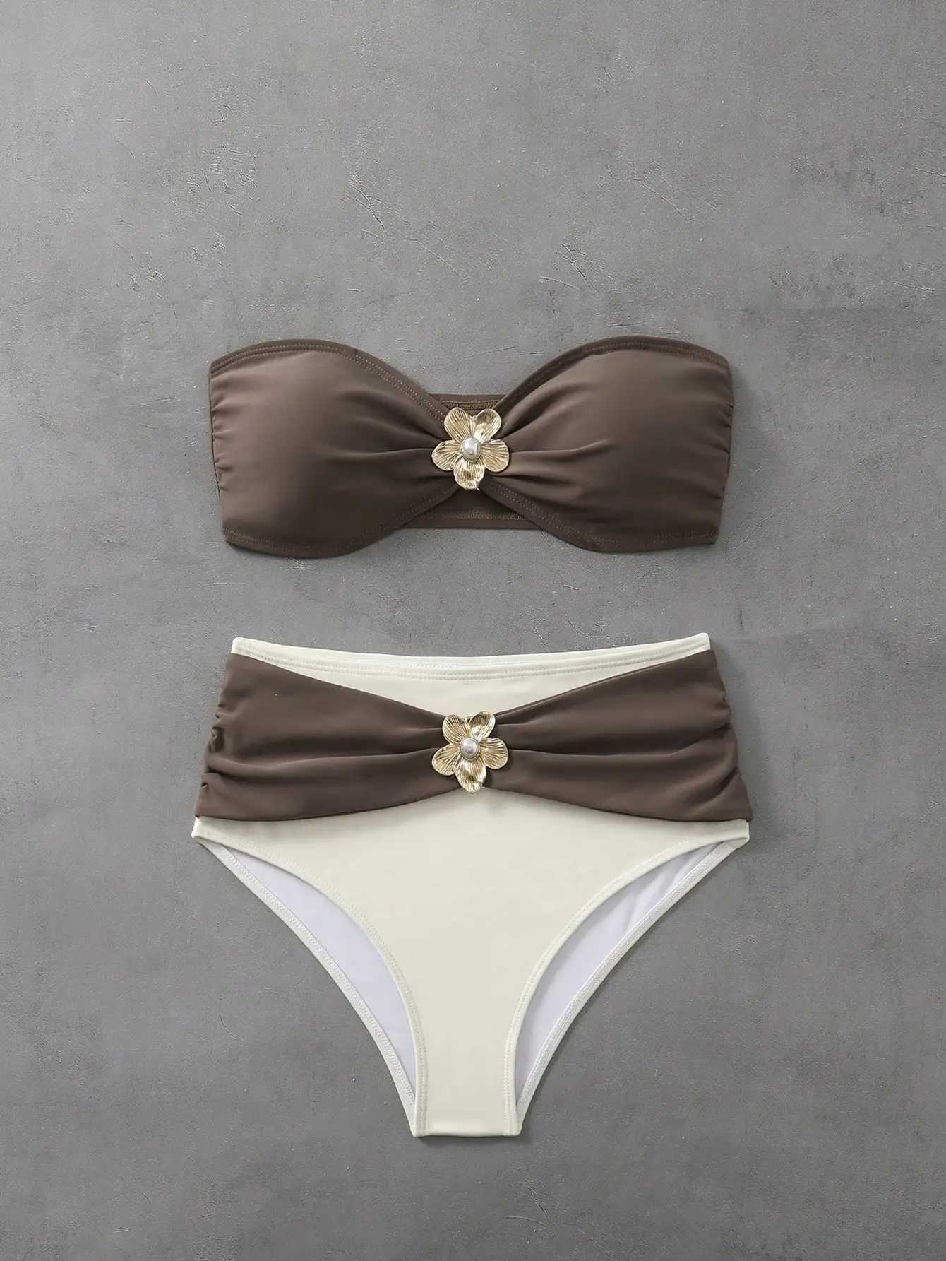 Color Block Womens Summer Beach Metal Flower Tube Top Bikini SetXJ241212