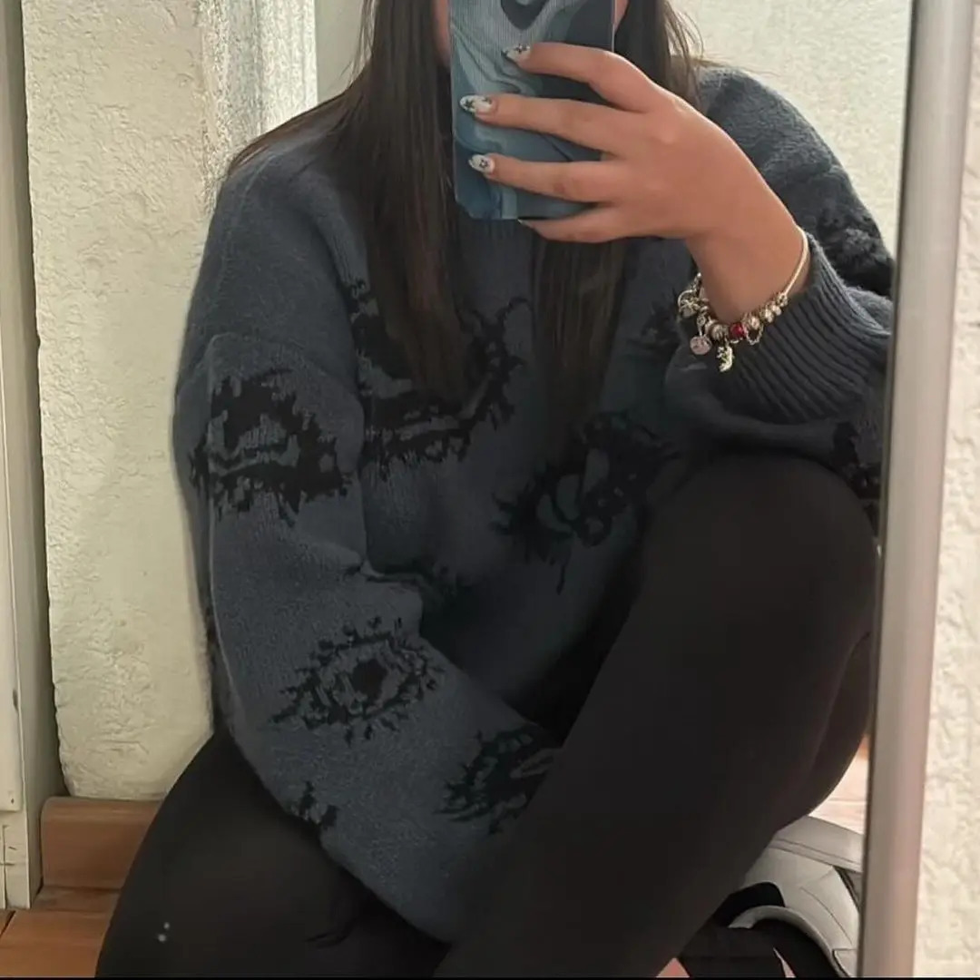 Gothic Punk Oversized Eye Pattern Sweaters for Men and Women Autumn Winter Thickened Sweatshirts Knitted Sweater Streetwear 241213