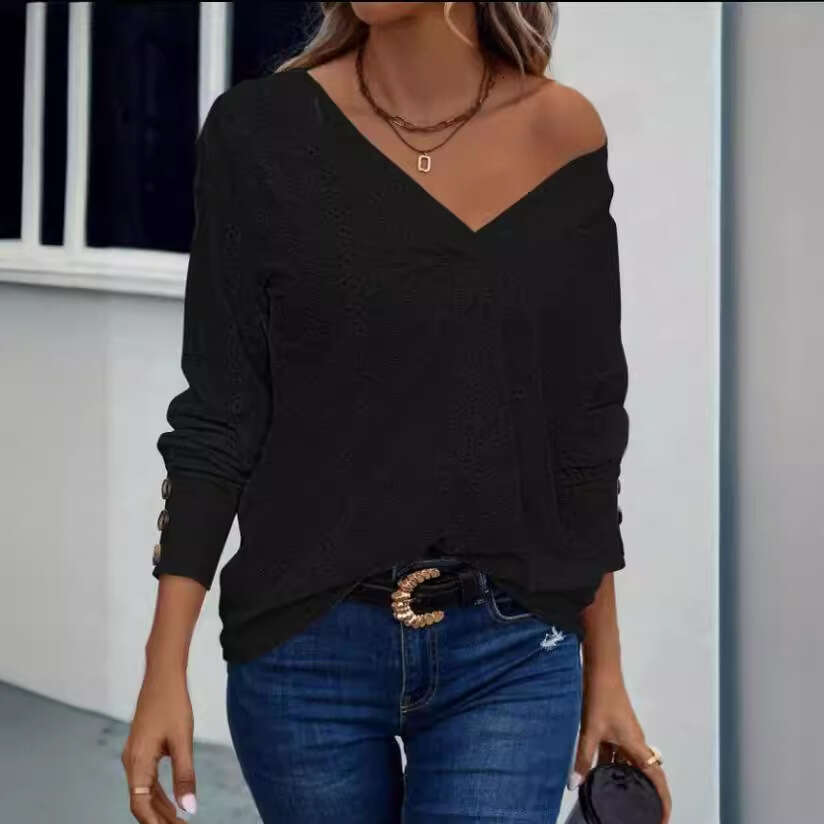 New European American Women's Big V-neck T-shirt for 2024 Spring Autumn, with eyelets, pleats, buttons, and long sleeves