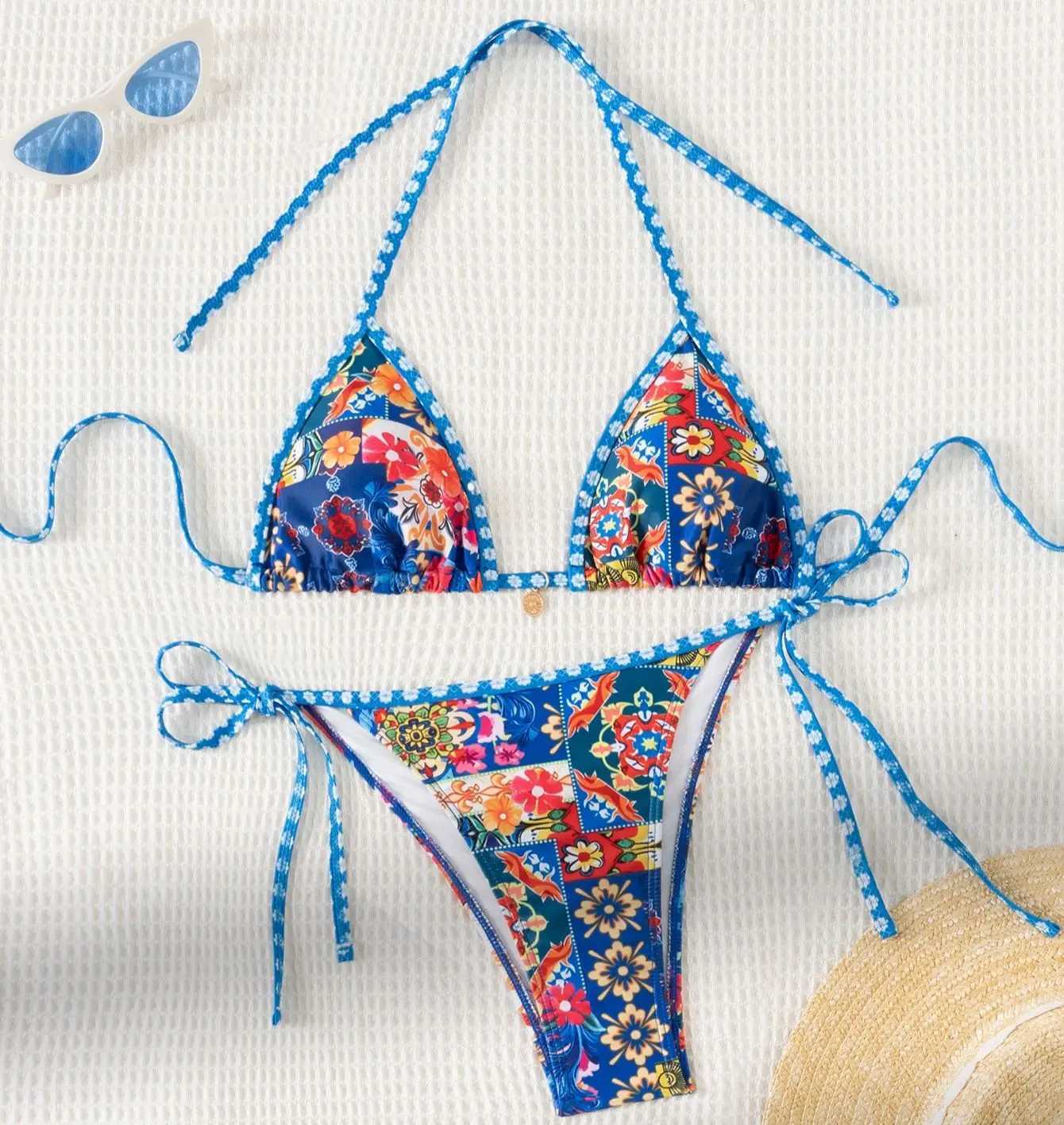 2 Pieces Bikini Suit Bohia Sty Low Waist Triang Beach Shorts Printed Flowers Swimwear Sexy Tong Strip Bra Swimming SuitXJ241212