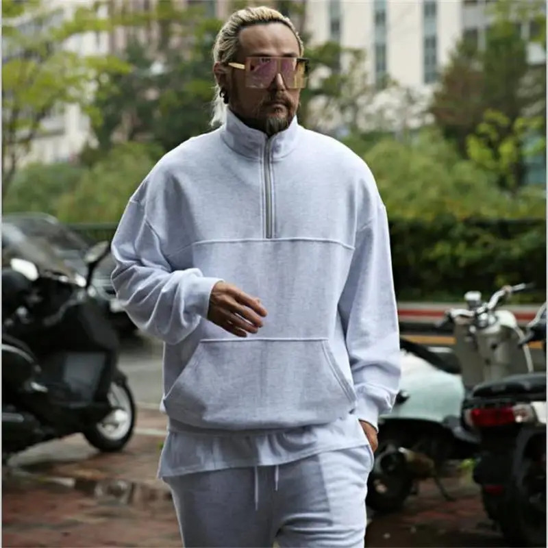 Mens spliced casual long sleeved sweatshirt Korean style plus size fashion vertical collar loose zipper 241211