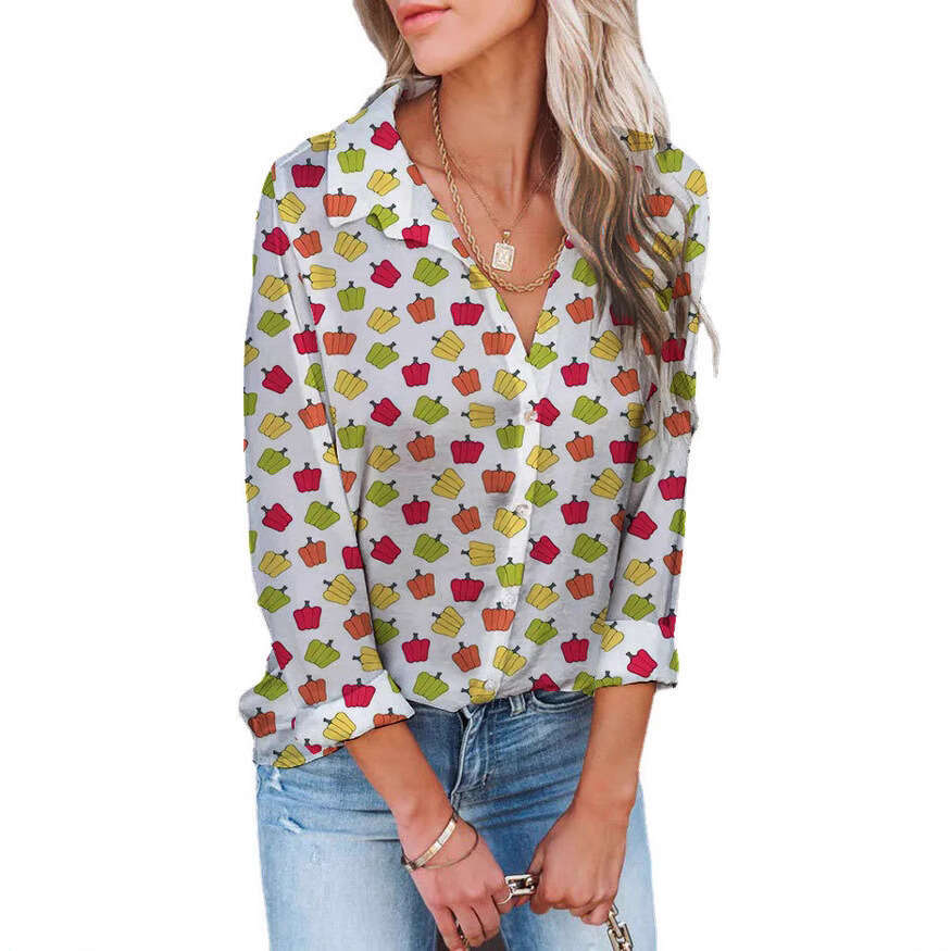 New European And American Fashion Loose Digital Print Lapel Shirt Long Sleeved Top Women's Trendy Clothing Fashionable Casual Temperament