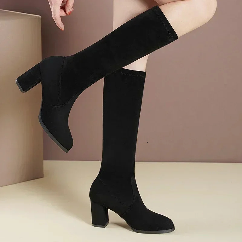 Fashion Winter Womens Knee Boots Artificial Fur Elastic Point Suede High Heels Casual Warmth 241213