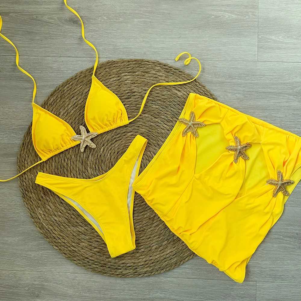 Sexy starfish 3 Pieces Bikinis 2025 Swimsuit For Women Black Swimwear Brazilian Bikini Set Biquini Fa Swimuits BeachwearXJ241212