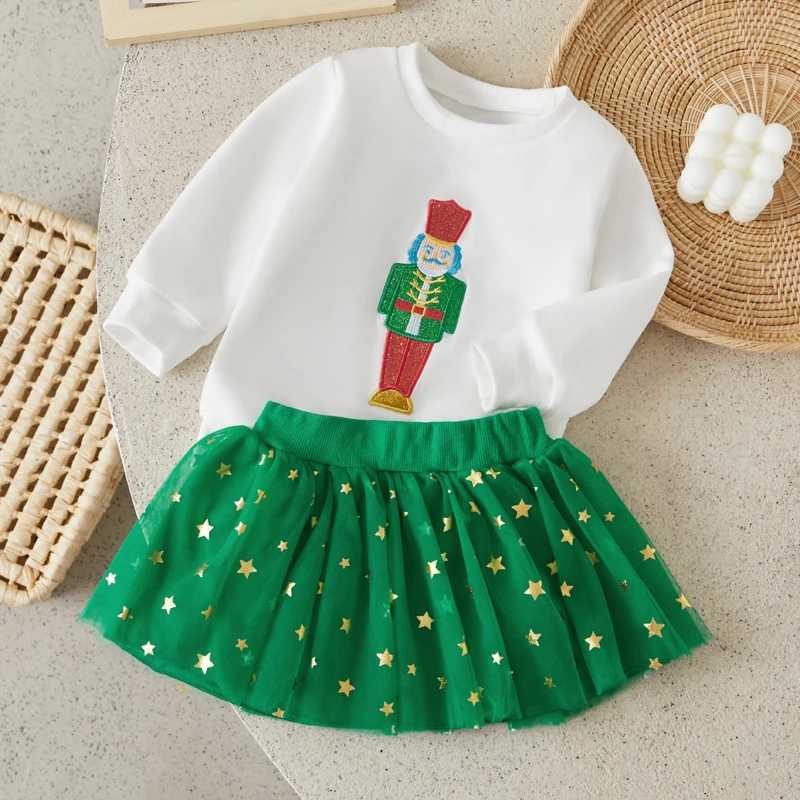 Suefenskry Baby Girl Christmas Set Soldier Embroidered Long Sleeve Sweatshirt Shining Star Printed Elastic Waist Gaul Skirt W241213