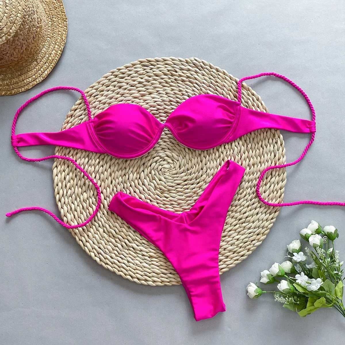 Push Up Bikini 2025 Sexy Women Solid Black White Underwire Swimsuits Brazilian Cut Out Beach Bathing Suit Thong Swimwear BiquiniXJ241212