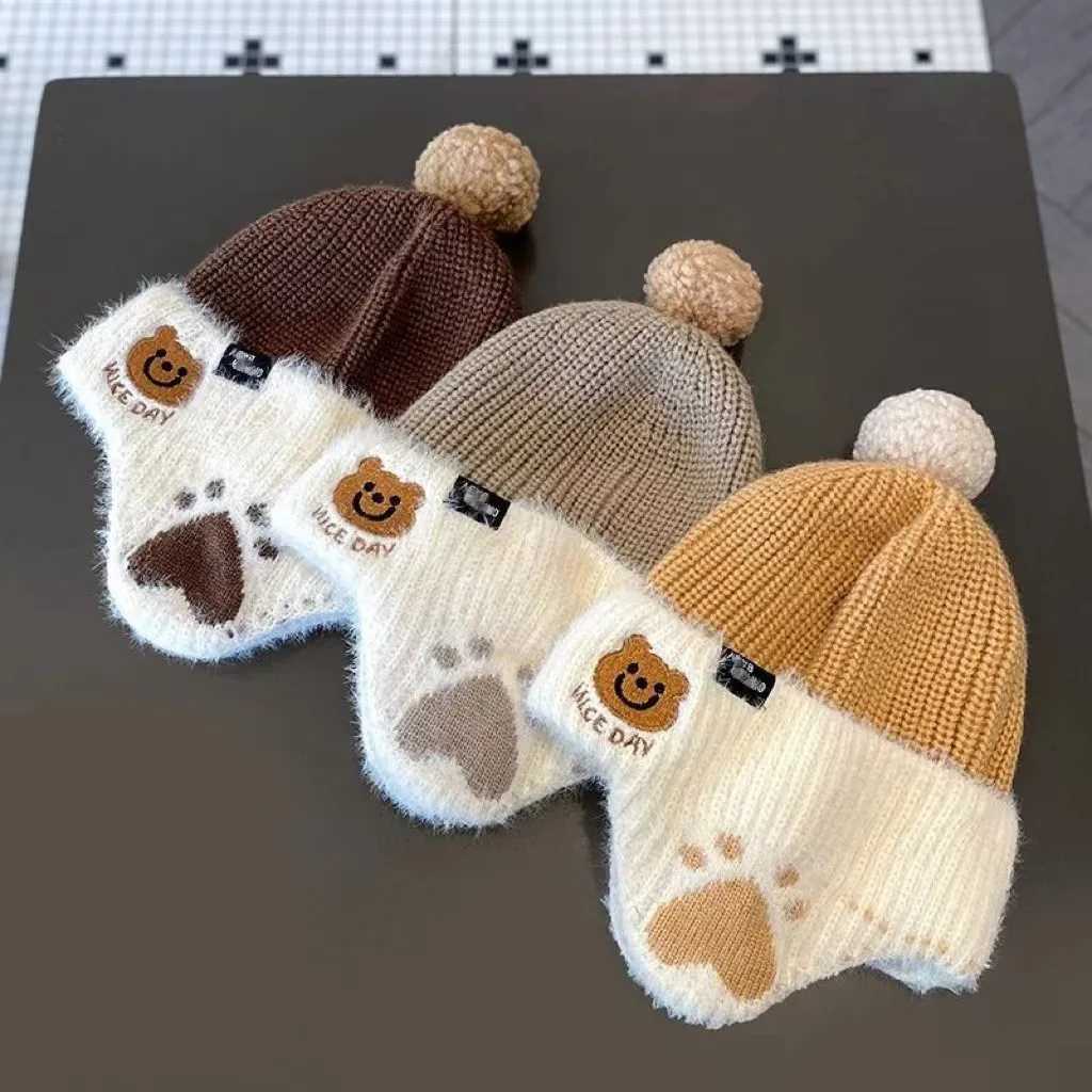 Baby wool hat cute bear ear protection hat children winter thickened warm knitted Korean version of the baby hatXJ241213