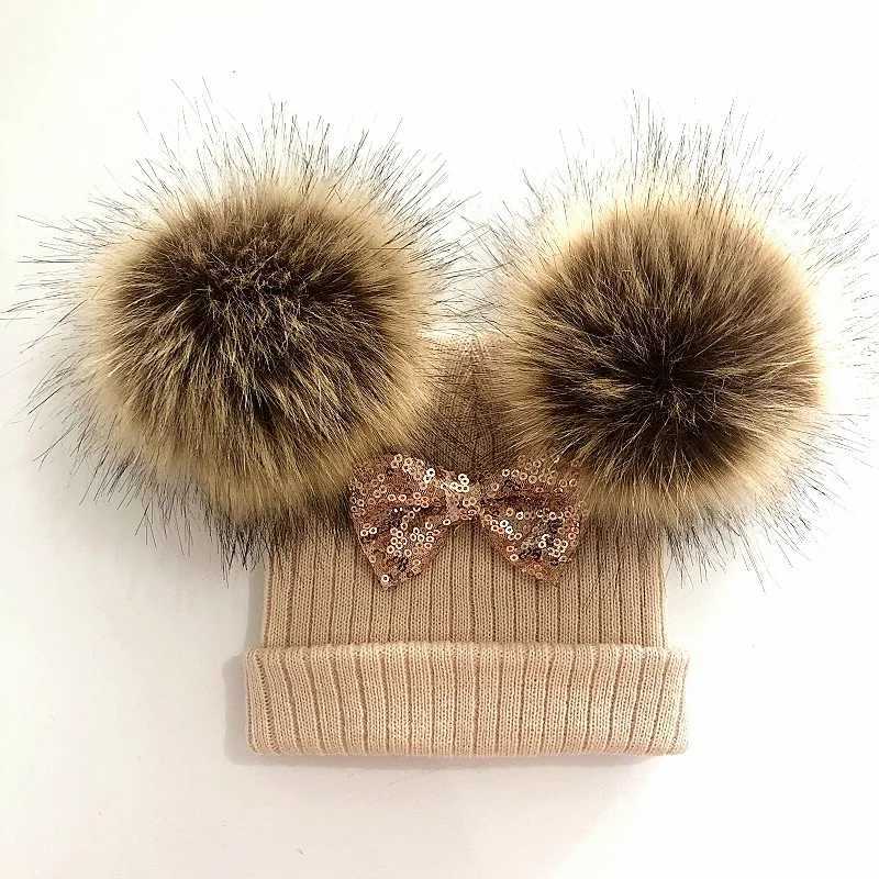 Baby Girl Knit Glitter Bow Knot Double Pompom Hat Faux Fur Winter Cap For Kids Children Beanie BonnetXJ241213