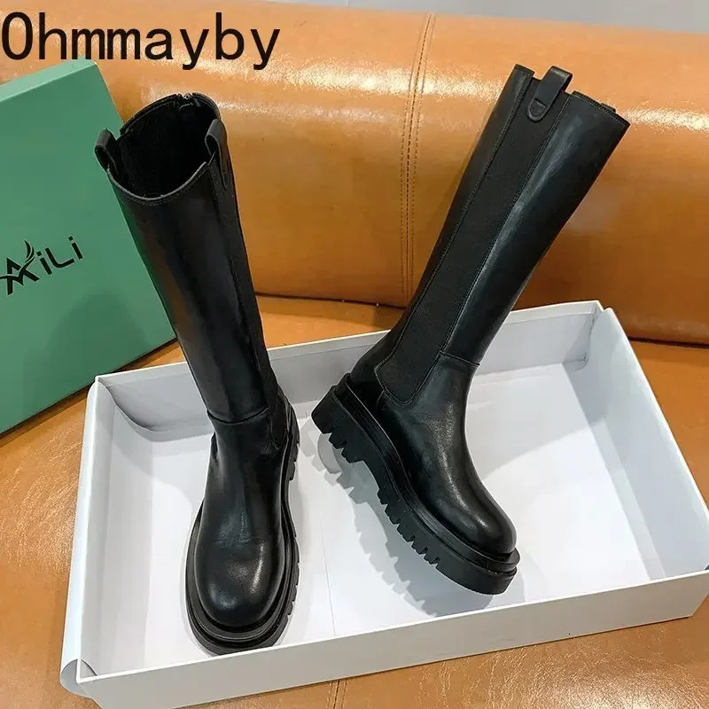 Platform Women Knight Long Boots Fashion Warm Fur Shoes Autumn Winter Square Heels Ladies Knee High Booties 241213