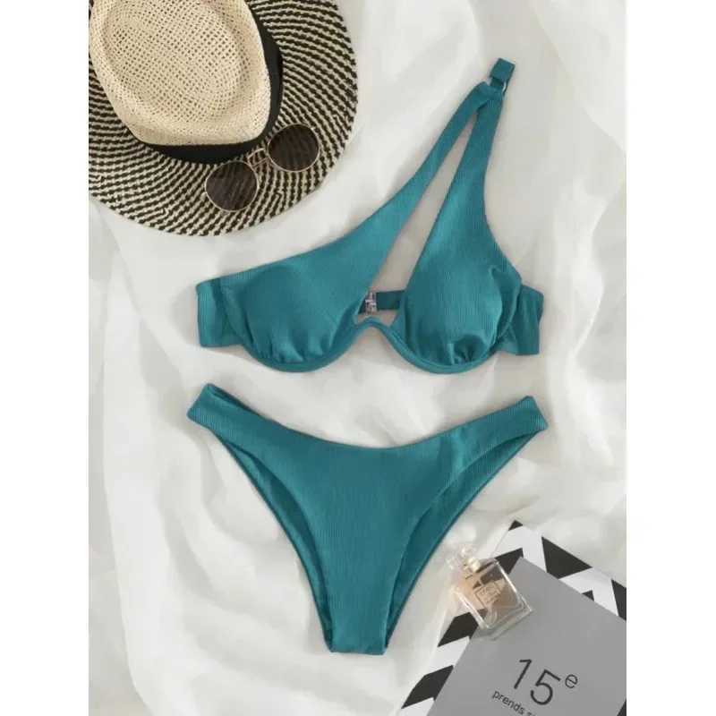 One Shoulder Bikinis 2024 Women Sexy Swimwear Fa Brazilian Swimsuit Solid Beachwear Bathers Bathing Swimming Swim SuitXJ241212