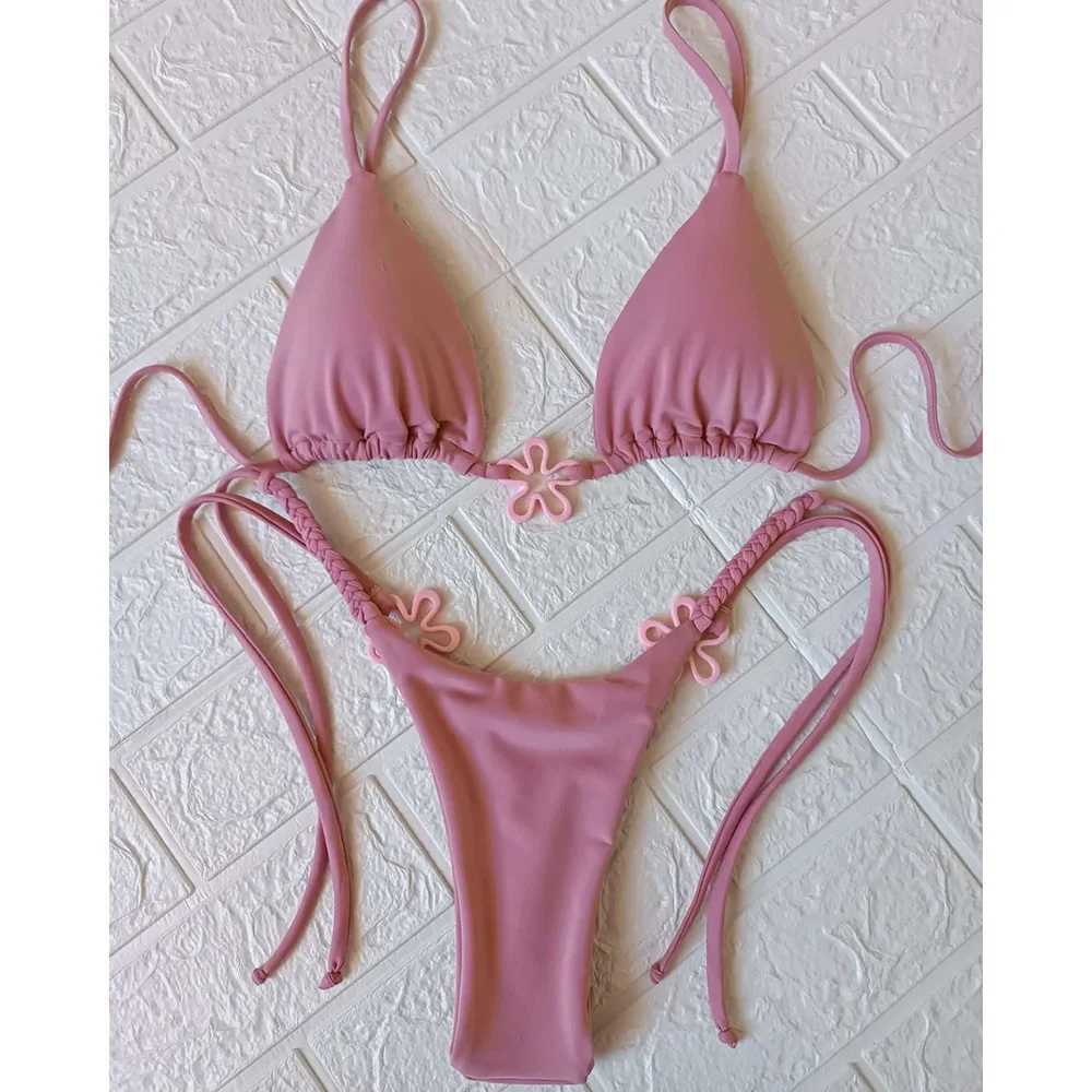 2024 Halter Bikinis Women Swimsuit New Sexy Swimwear Floral Brazilian Bikini Set Micro Biquini Fa Cute Solid BeachwearXJ241212