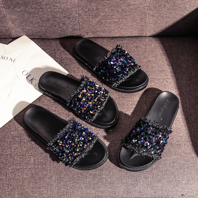 Net slippers summer fashion NEW sequins wear net red thick sole flip-ps non-slip sandals big size women's shoes 33-43