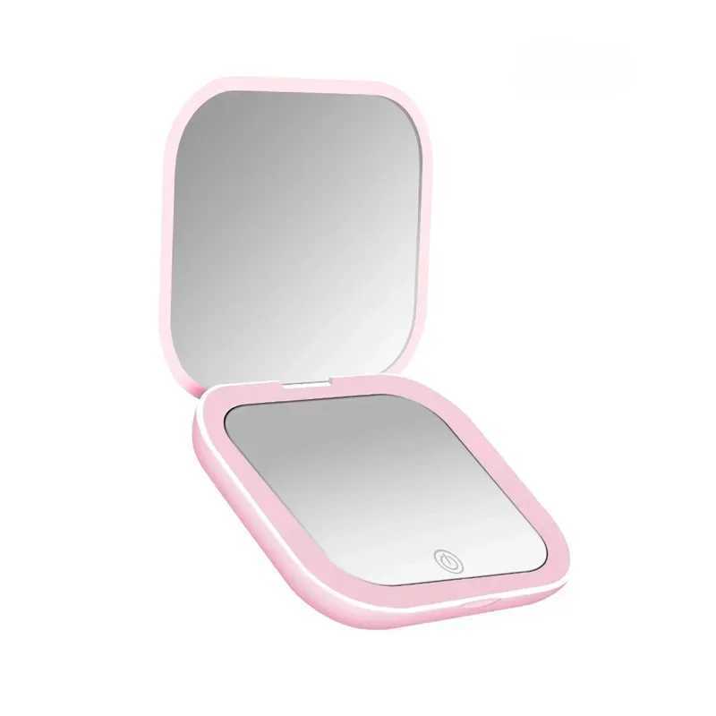 Compact Mini Led Light Makeup Mirror with 2X Magnifying Portable Hand Held Pocket Travel Foldable Women Cosmetic Pocket MirrorXJ241213