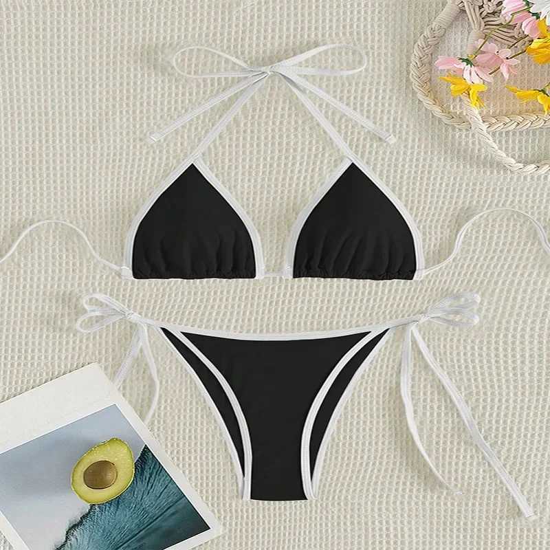 Sexy Contrasting Colors Micro String Bikinis Sets Swimsuit 2024 Women Halter Mini Thong Swimwear Biquinis Beachwear Bikini MujerXJ241212