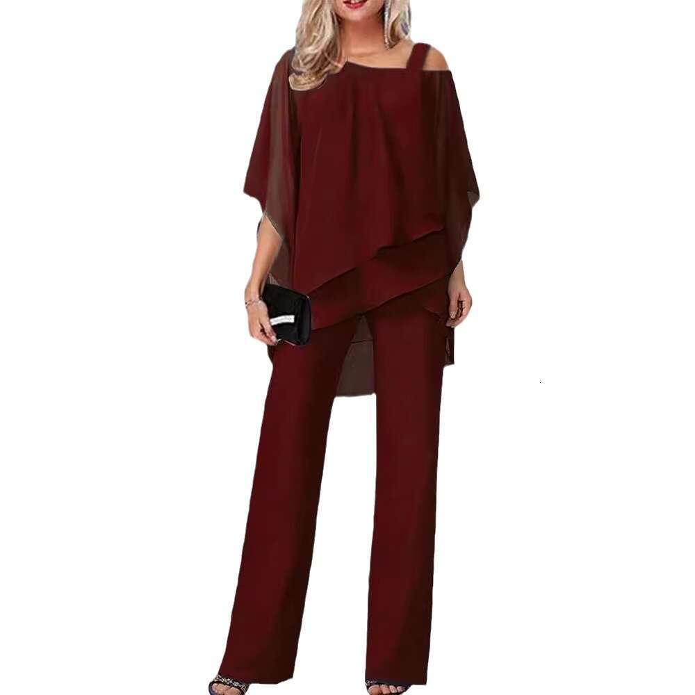 European And American New Solid Color Loose Casual Slanted Shoulder Bat Sleeve Irregular Long Pants Two-Piece Set Fashionable Quality Classic