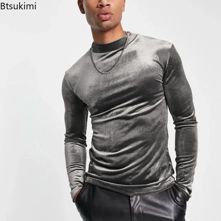 2025 mens casual turtle neck velvet floral top solid long sleeved T-shirt for spring and summer warmth mens basic T-shirt 241210