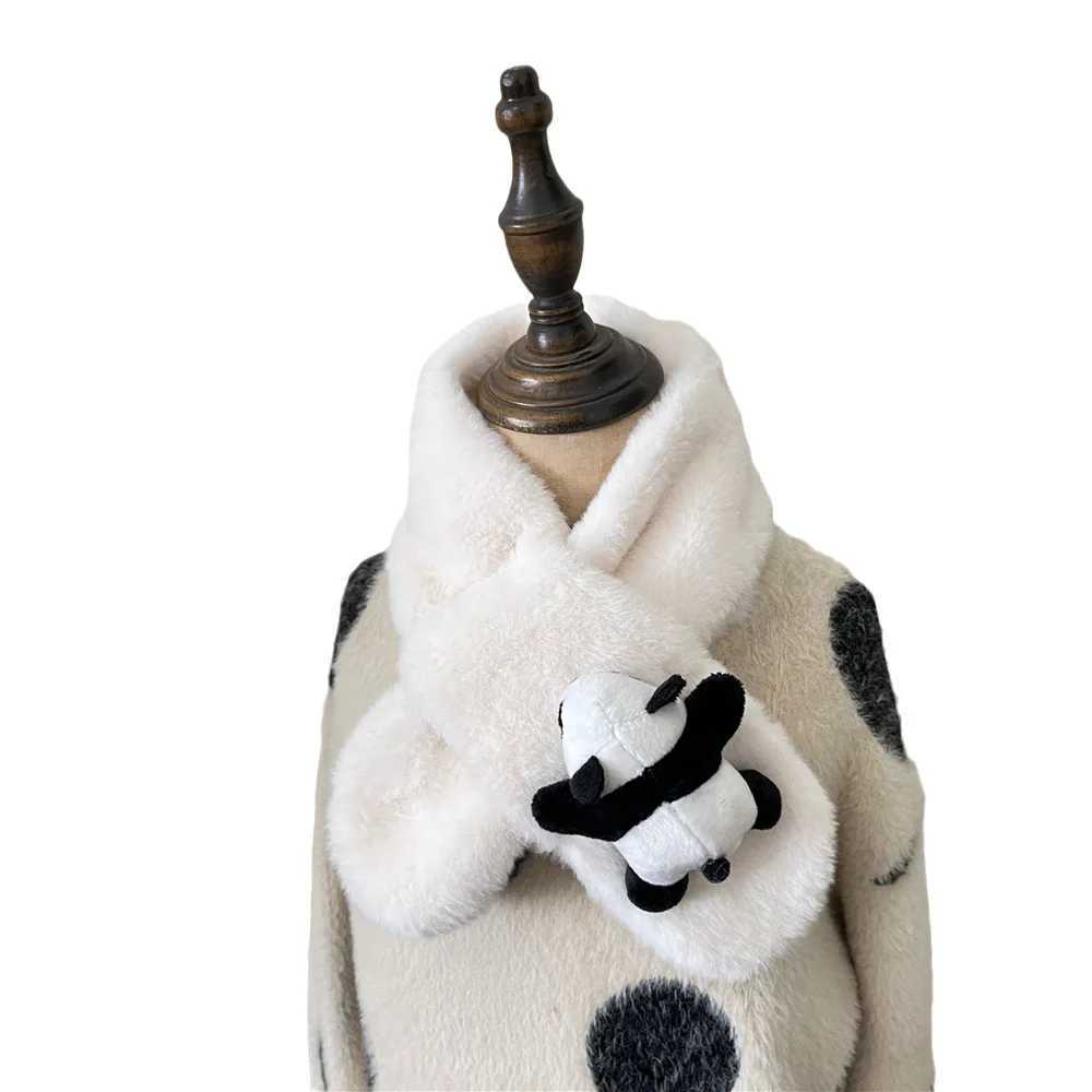 Scarves Wraps Kids Warm Plush Scarf Winter Cute Children Cartoon Panda Faux Fur Cross Scarves For Girls Boys Thickened Neck Ring H241213