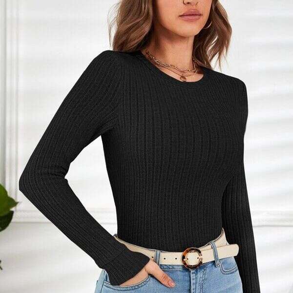 European and American women's clothing 2023 autumn new item solid color pit stripe round neck long sleeved knitted base top for women