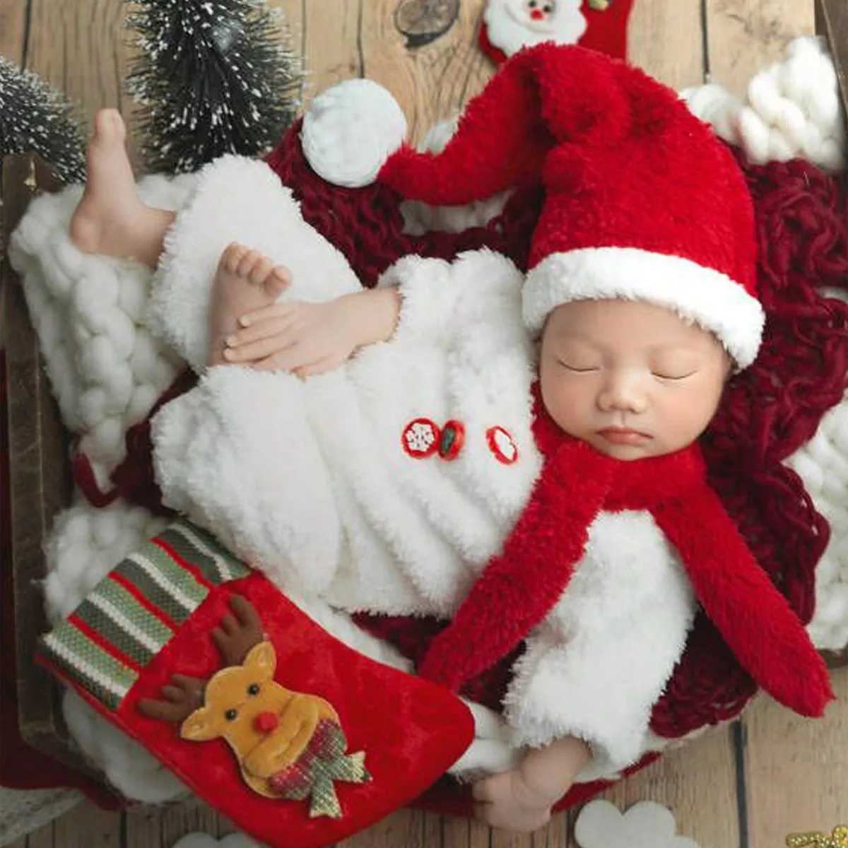 Scarves Wraps Ylsteed 3 Pieces Set Newborn Christmas Outfit for Photo Shooting Baby White Jumpsuit Suit with Hat Scarf Infant Photo Props H241213
