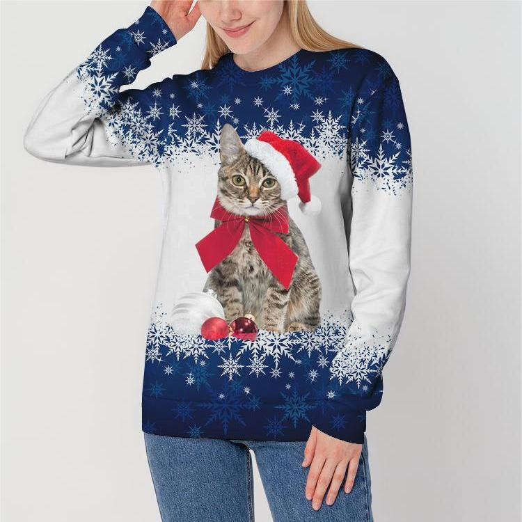 Foreign Trade Women's Cat Christmas Hat Printed Hoodie Trendy Clothing Fashionable Casual Temperament